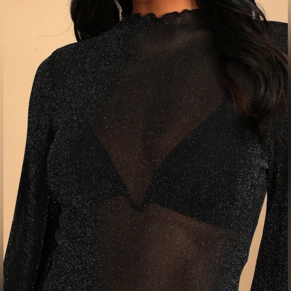 Lulus Sparkle Here and There Black Mesh Long Sleeve Crop Top Multiple Sizes - Picture 3 of 7